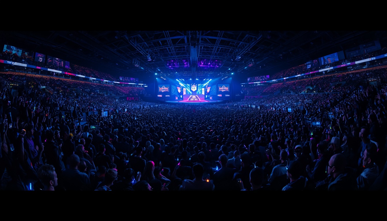 Packed esports stadium with thousands of spectators during a championship event